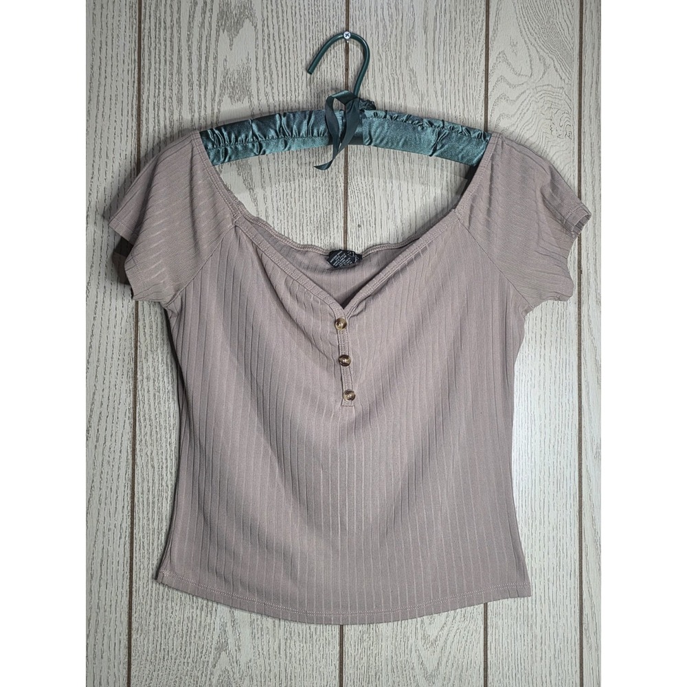 rue21 Mauve Ribbed Knit Henley Top L Off Shoulder Grunge Whimsigoth Y2K Baby Tee